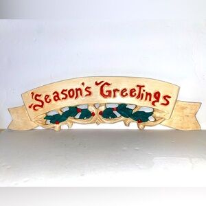 Vintage SEASONS GREETINGS Hand carved Wooden Wall Decor holiday, Christmas, sign